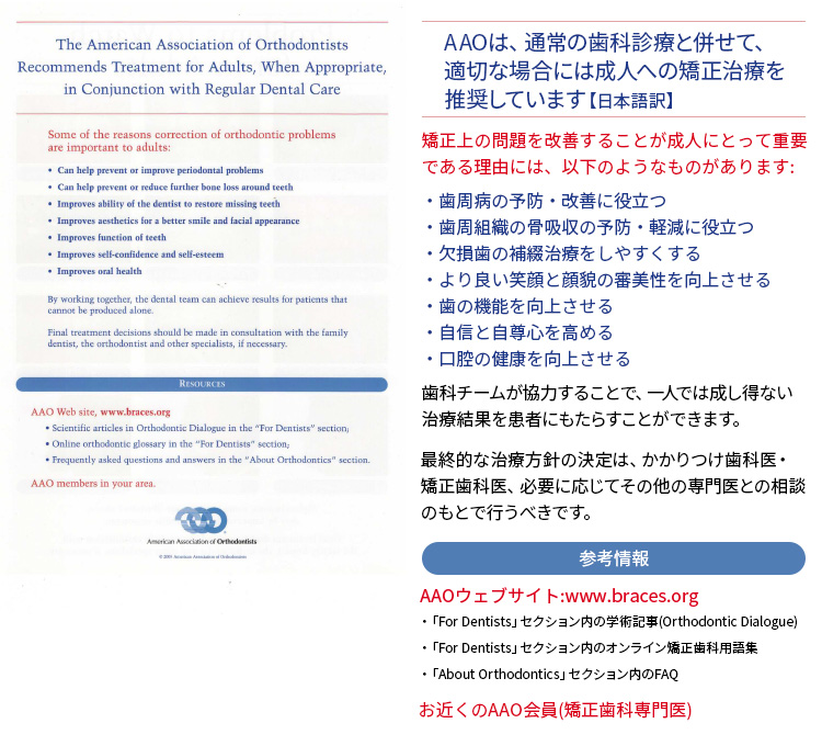 アメリカ矯正歯科学会（AAO : American Association of Orthodontists）発行リーフレット